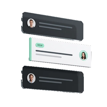 Three feed rows with profile photos, the middle one white and pushed forward carrying a green NEW badge