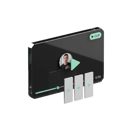 A video panel with a profile photo, a green play button, a scrub bar reading 0:24 and a green CLIP badge, with three clip cards fanned below