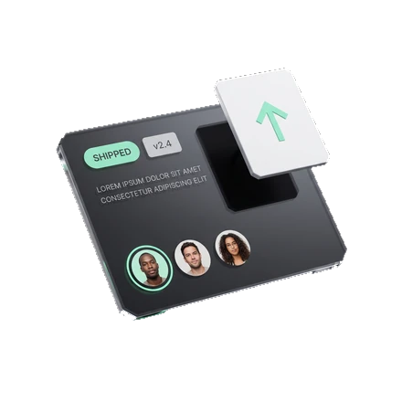 An interface card with a green SHIPPED badge, a version chip and a row of profile photos, with a white panel lifting away carrying an upward arrow