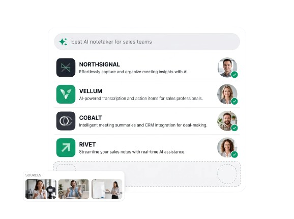 An AI assistant answering a buyer question with four named vendor results, each showing a founder photograph and a green tick, above a fifth result slot left completely empty and dashed