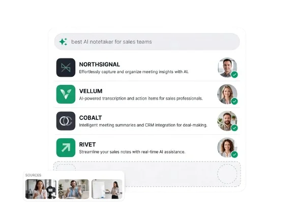 An AI assistant answering a buyer question with four named vendor results, each showing a founder photograph and a green tick, above a fifth result slot left completely empty and dashed