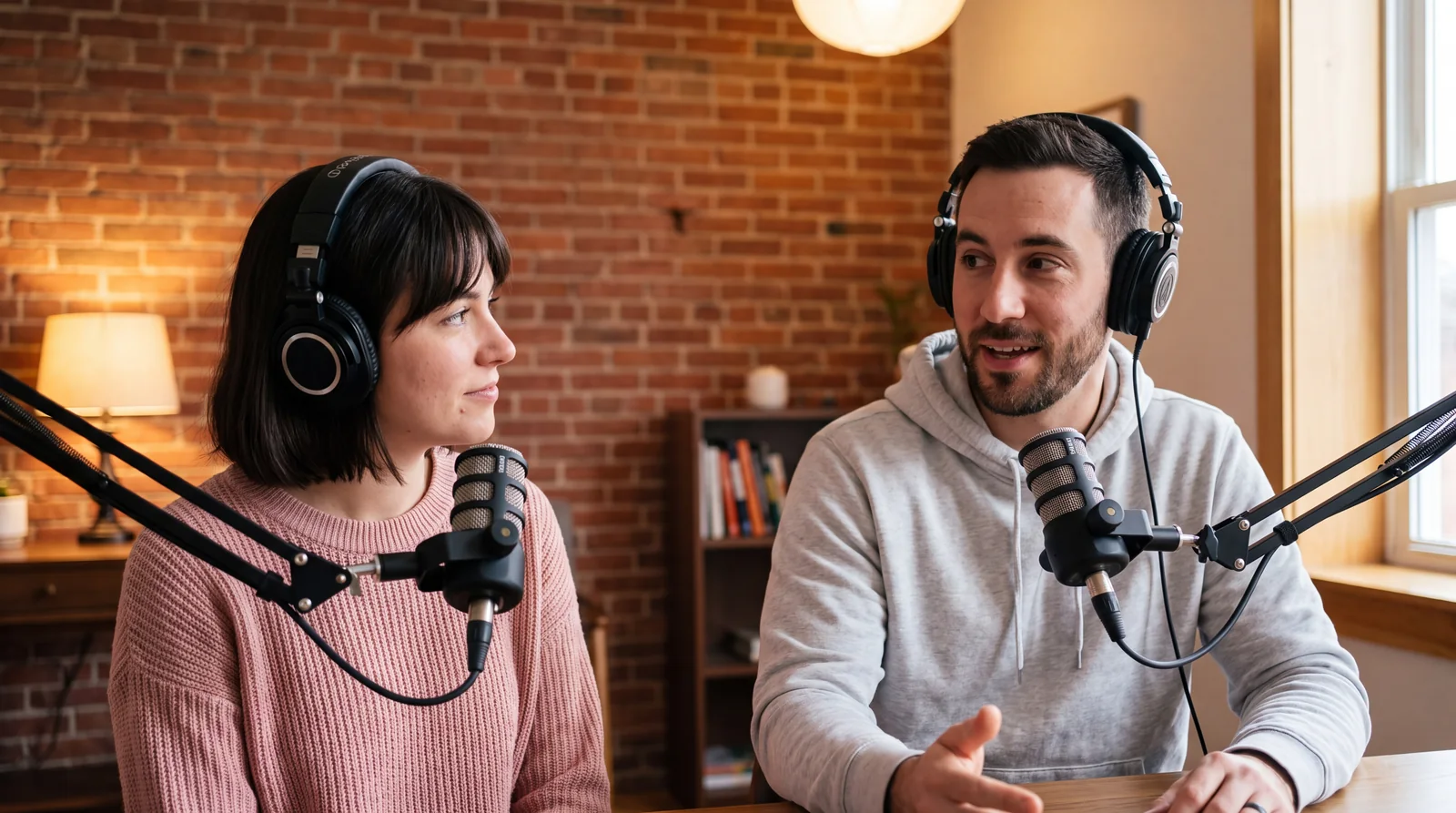 A landscape podcast recording of two people at a table with studio microphones, with a reframe box drawn around the speaker on the right