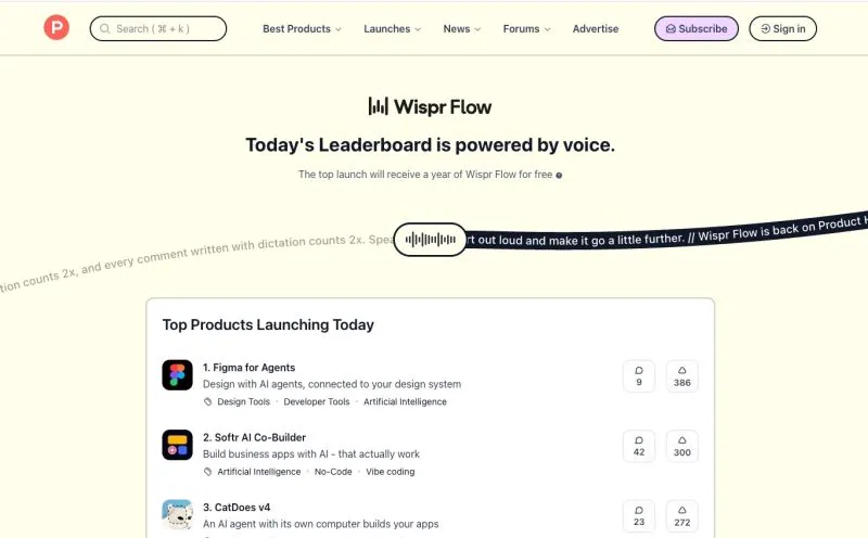 Product Hunt's homepage leaderboard, powered by Wispr Flow's voice feature